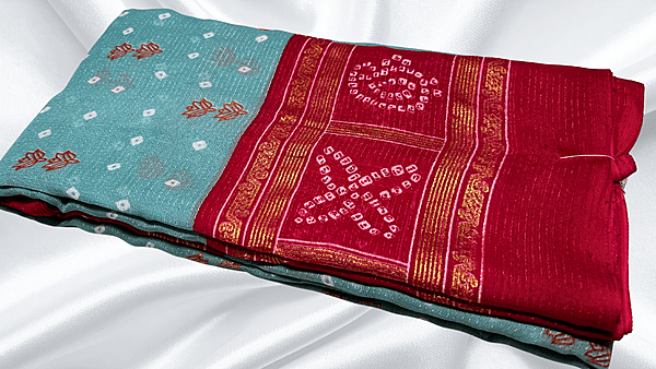 Sharlimi Soft Gold Foil Saree - Light Blue & Red