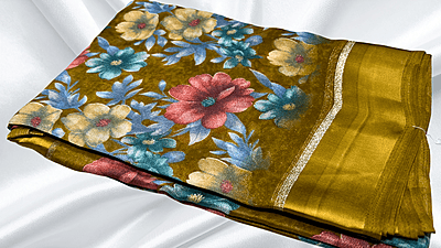 Rich Lady Floral Satin Saree - Mustard Rich Lady Floral Satin Saree - Mustard