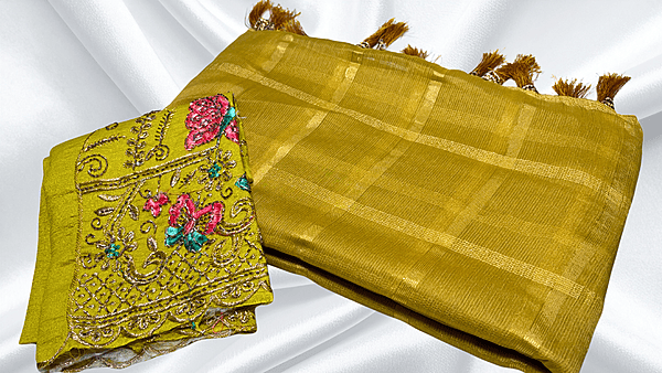 Peddi Georgette Gold Checks Saree - Mustard