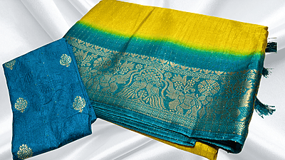Range Rover Gold Line Jari Saree - Lemon Yellow & Aqua Range Rover Gold Line Jari Saree - Lemon Yellow & Aqua
