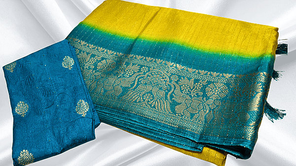 Range Rover Gold Line Jari Saree - Lemon Yellow & Aqua