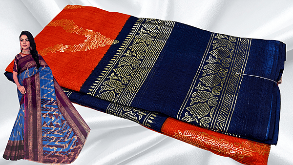 Madhubala Necklace Gold Foil Saree - Rusty Orange & Navy Blue