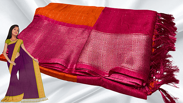Mangalam Soft Vaira Oosi Saree - Orange & Rani Pink