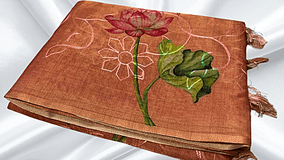 Tissue Silk Thread Work Aari Saree - Copper Rose