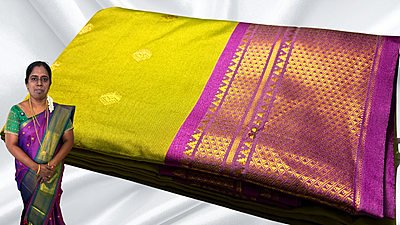 Kanchi Semi Real Silk Saree - Leaf Green & Magenta Kanchi Semi Real Silk Saree - Leaf Green & Magenta