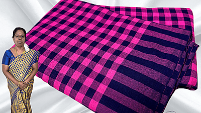 Jyotsna Soft Checks Cotton Saree - Pink & Navy Blue