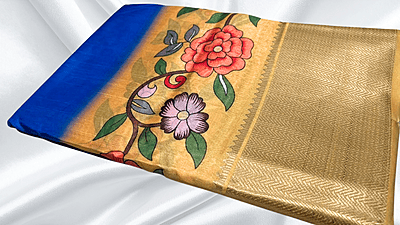 Soft Jequard Silk Floral Saree - Ink Blue & Beige