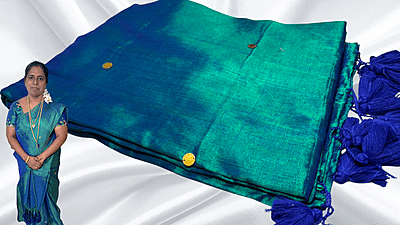 Khadi Tissue Mirror Work Saree - Peacock Green