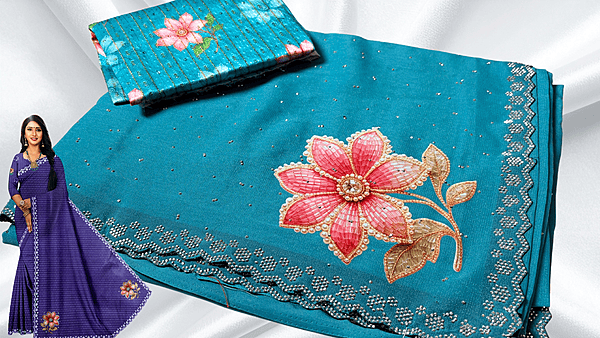 Jamuni Marble Stone Work Floral Saree - Aqua Turquoise