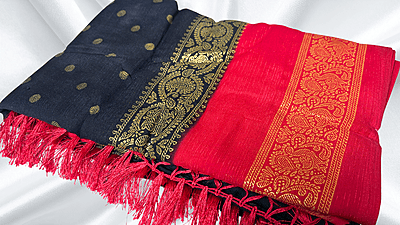 Red Label Chiffon Soft Foil Saree - Navy Blue & Red Red Label Chiffon Soft Foil Saree - Navy Blue & Red
