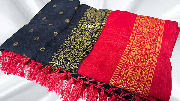 Red Label Chiffon Soft Foil Saree - Navy Blue & Red