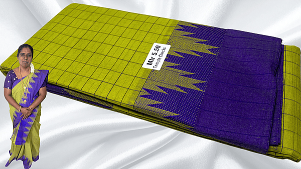 Pure Chettinadu Cotton Temple Checks Saree - Leaf Green & Violet