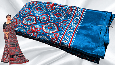 Crape Silk Ajrakh Pattern Saree - Aqua Crape Silk Ajrakh Pattern Saree - Aqua