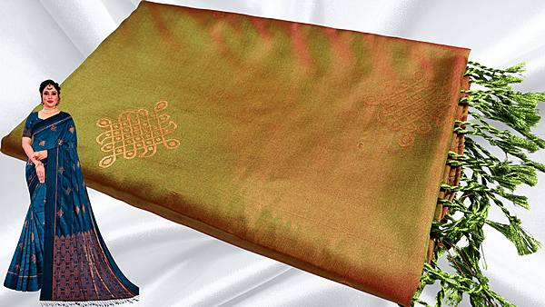 Trisha Kolam Design Jari Silk Saree - Green Yellow