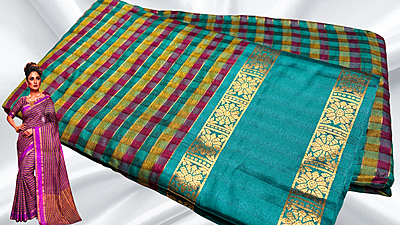 Madarash Fancy Chex Jari Saree - Blueish Green