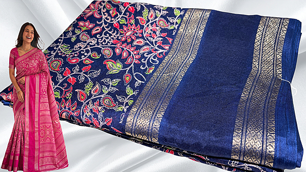 Deepti Retta Patta Floral Silk Saree - Navy Blue