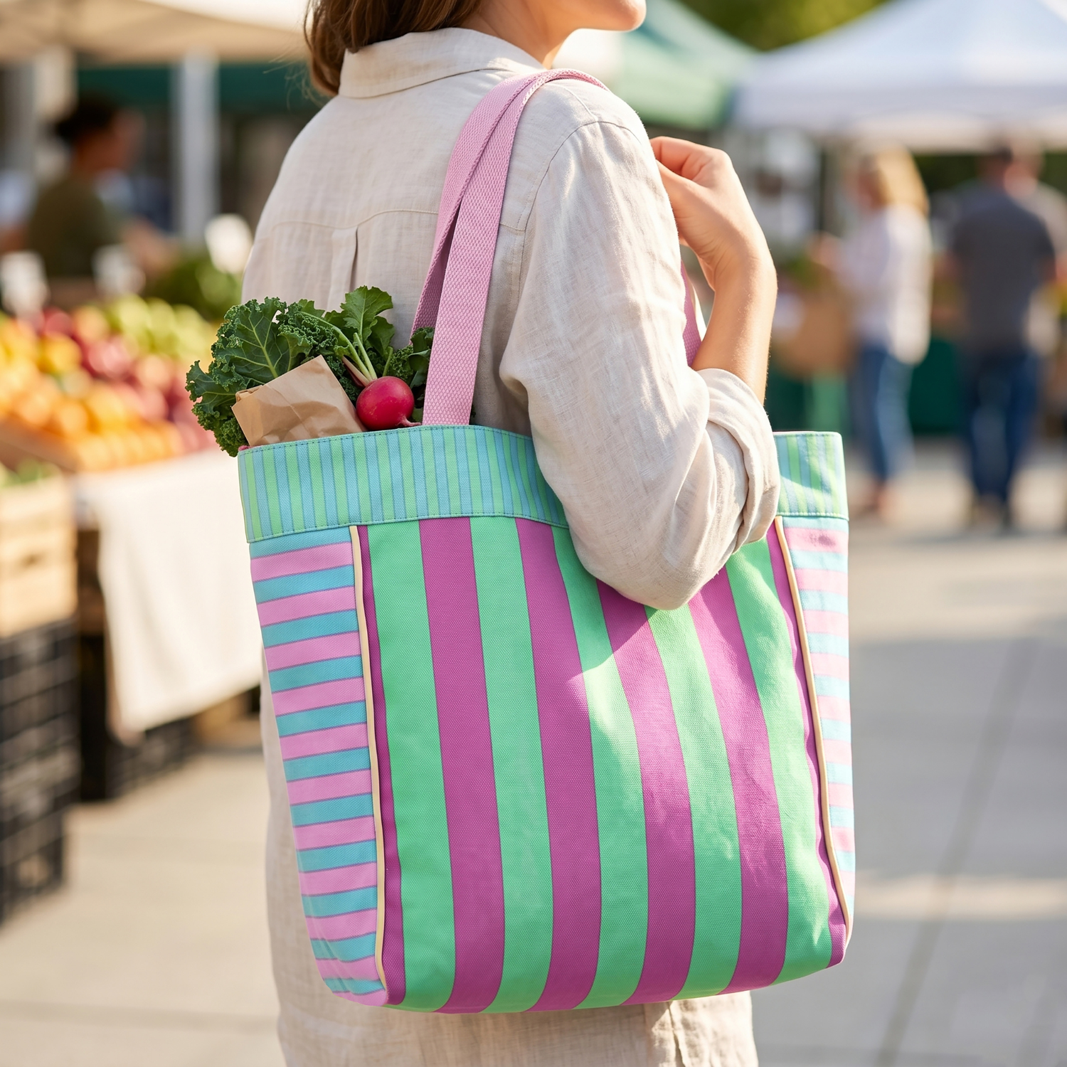Stylish Striped Tote Bag with Inner Pocket - Pink and Blue Combo