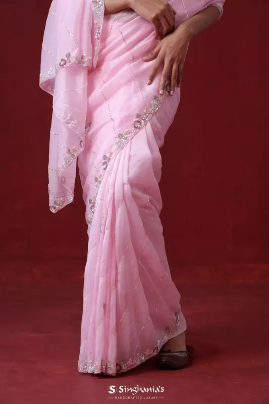Taffy Pink Tissue Organza Saree Hand Embroidery