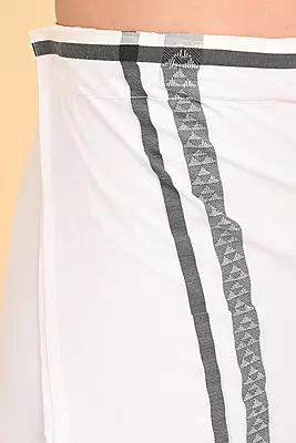 Men’s 100% Cotton Readymade Double-Layer White Veshti with Fancy Border