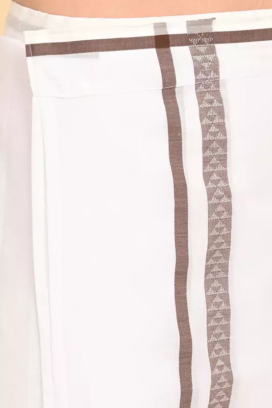 Men’s 100% Cotton Readymade Double-Layer White Veshti with Fancy Border