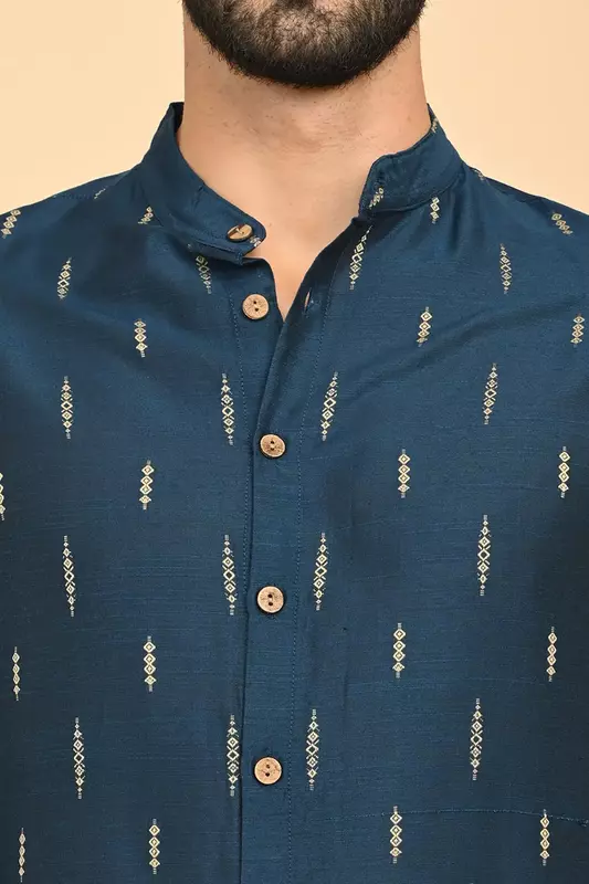 Men Jacquard Full Open Long Kurta - Blue