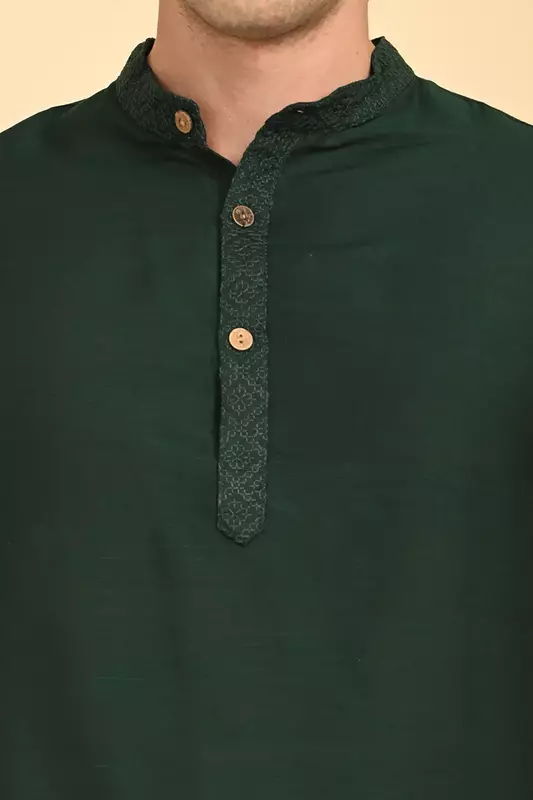 Men Ethnic Embroidered Long Kurta - Green