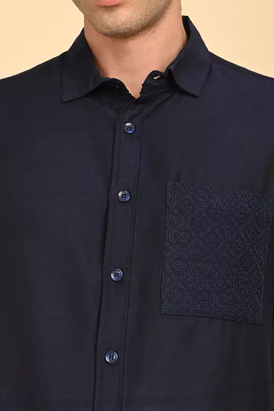 Men Short Sleeve Ethnic Shirt - Navy Blue