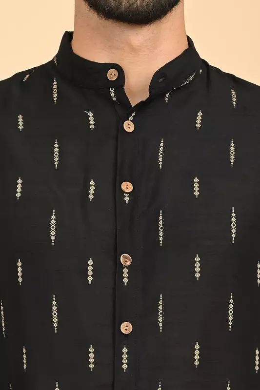 Men Jacquard Full Open Long Kurta - Black