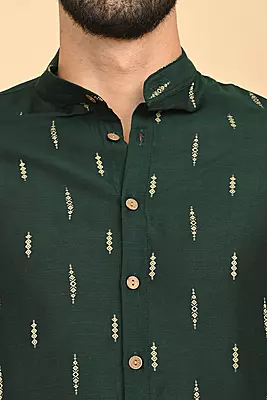Men Jacquard Full Open Long Kurta - Green