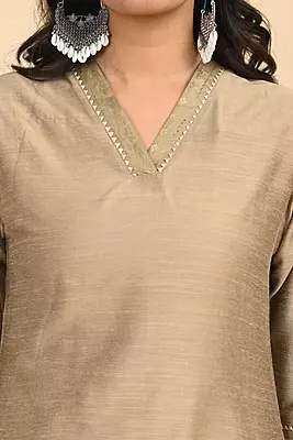 Women V-Neck Long Kurta - Golden
