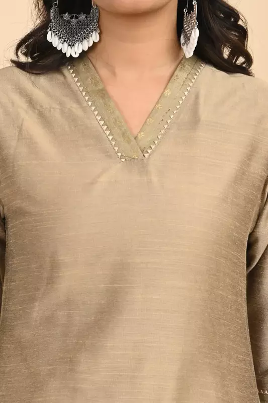 Women V-Neck Long Kurta - Golden