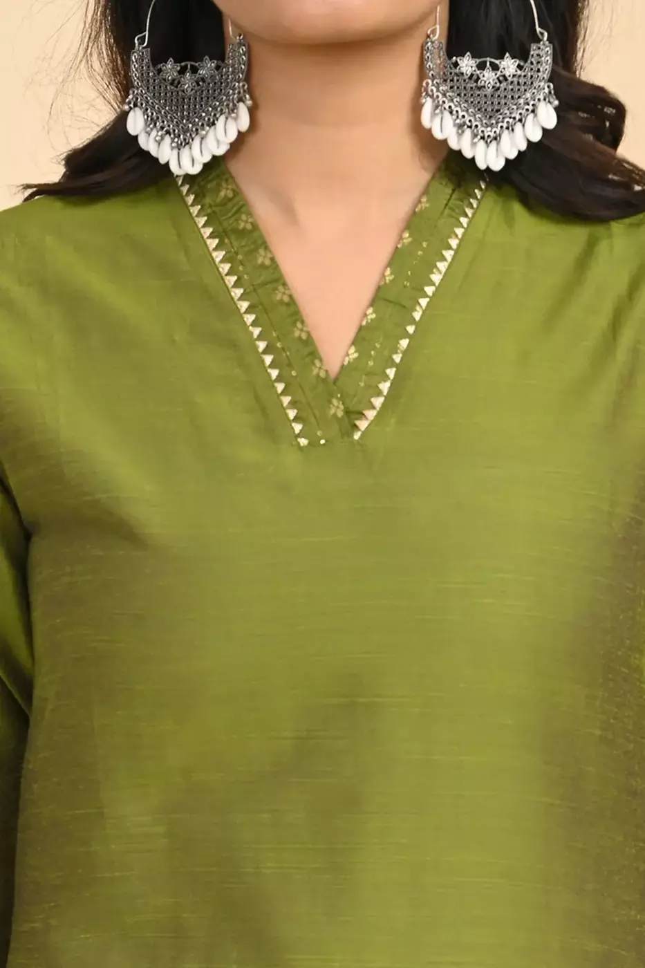 Women V-Neck Long Kurta - Green