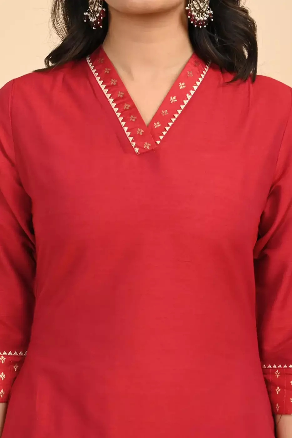 Women V-Neck Long Kurta - Red