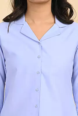 Women Notched Collar Shirt - Blue Chambrey