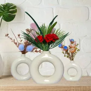 Donut-Shaped Flower Vases for Home Decor, Set of 3 (Cream) Polyresin – 8 Inch