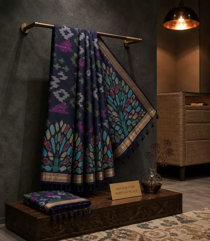 Navy Blue Ikat Silk Saree with Multicolor floral Tree Motifs & Zari Border & ikat blouse