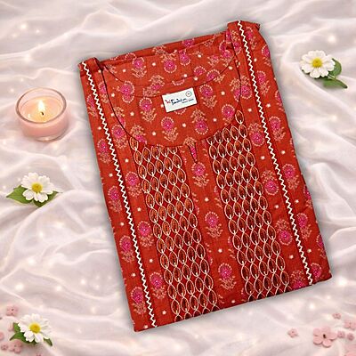Reddish Orange Cotton Nighty With Geometric Print All Over From Libas Loungewear - AL1169