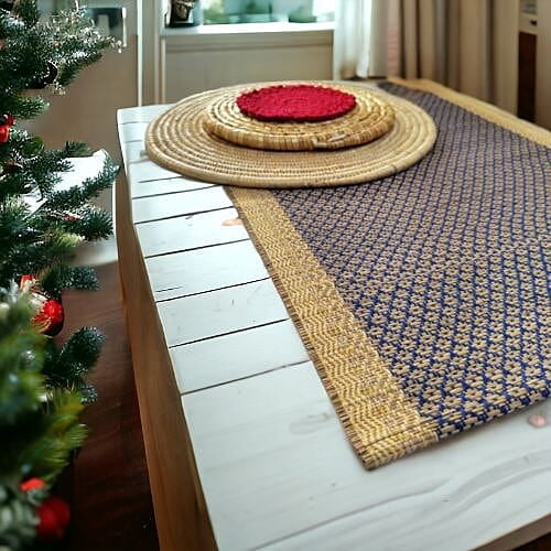 Madur Blue Honeycomb Table Runner Madur Blue Honeycomb Table Runner