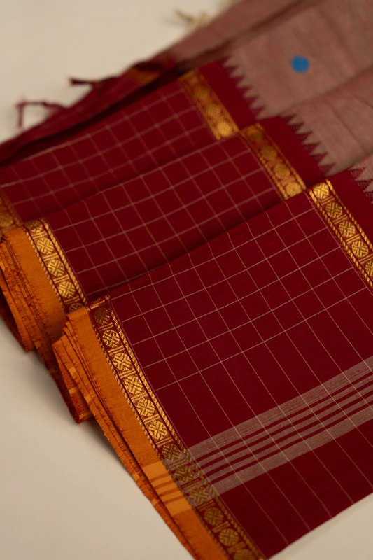 Kanchi Cotton body butta with Checks - Muted terracota with blue buti and Checked maroon border