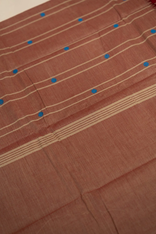 Kanchi Cotton body butta with Checks - Muted terracota with blue buti and Checked maroon border