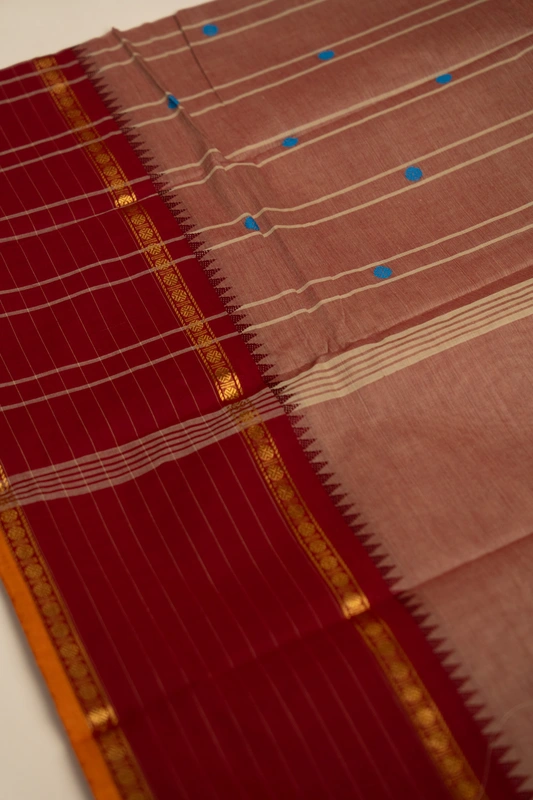 Kanchi Cotton body butta with Checks - Muted terracota with blue buti and Checked maroon border