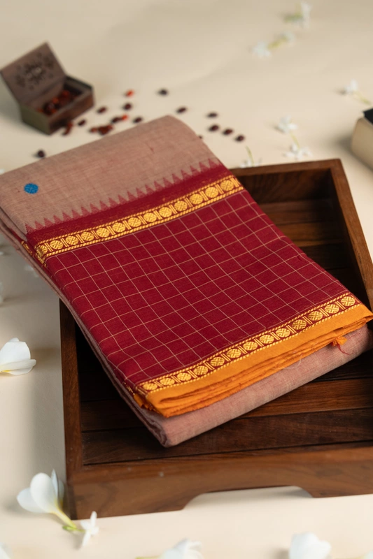 Kanchi Cotton body butta with Checks - Muted terracota with blue buti and Checked maroon border