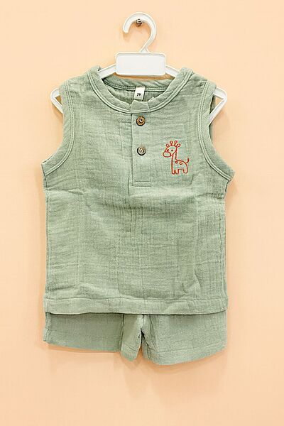 Muslin Crinkle Sleeveless Co-Ord Set - Olive Mist