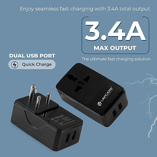 Lapcare LAPEX‑012 multiport charger supports USB‑A & USB‑C with 3.4 A total output. Universal 100–240 V input, built-in safety protections, LED indicator, compact travel design.