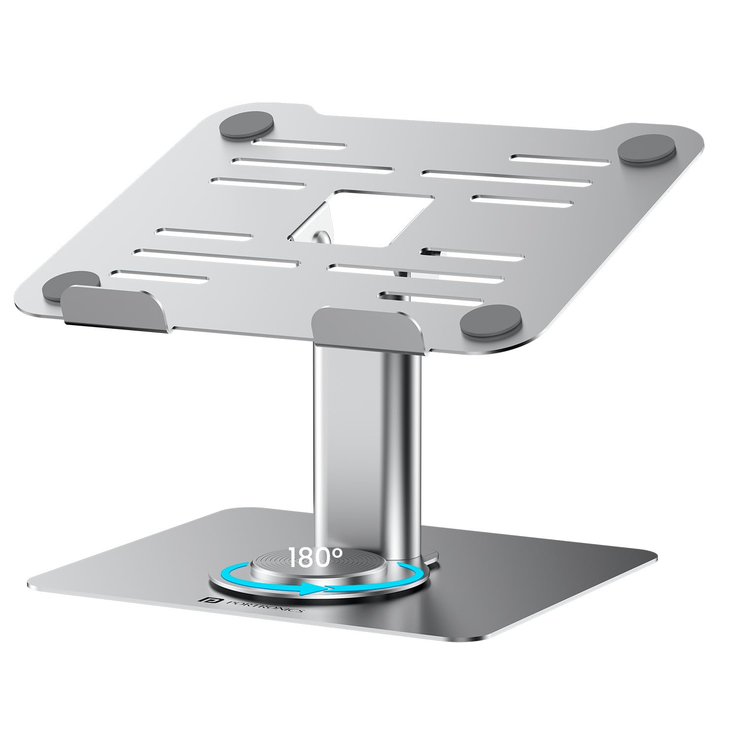 Portronics Twister – 360° Adjustable Metal Laptop Stand, supports up to 10kg, ergonomic design for comfort, lightweight and portable, perfect for home or office use, enhances airflow and cooling.
