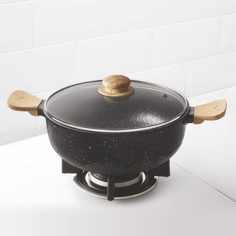 Borosil Vajra Die-Cast Non-Stick Aluminium Kadhai with Lid, Deep Rounded Bottom, Induction Base, Black with Wooden Handles, 2.5 L