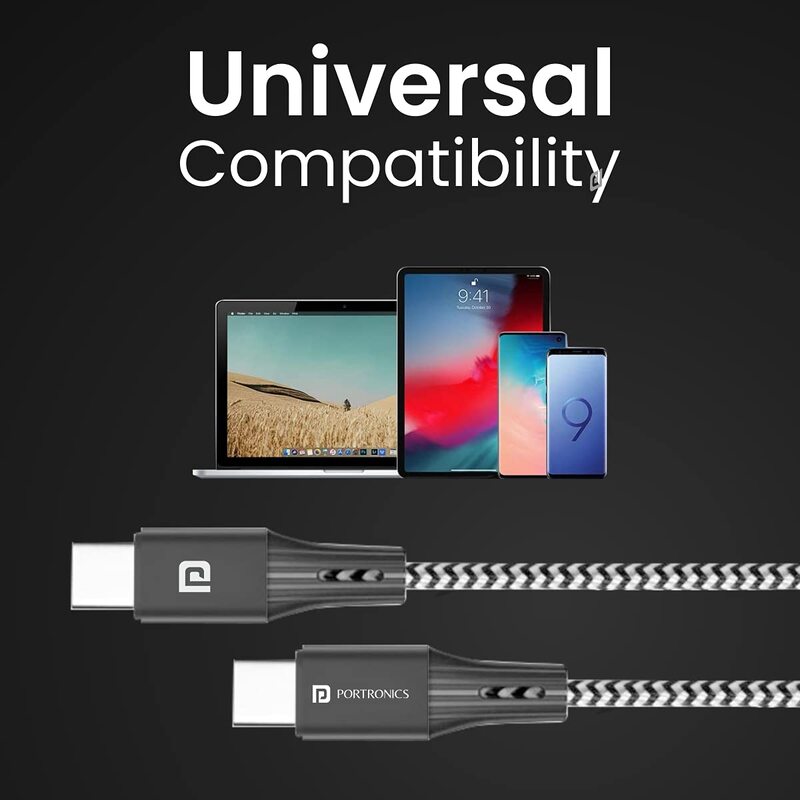 Portronics USB Type-C Braided Cable for Mobile & Laptop – Black. Durable, fast charging, and data transfer. Compatible with various devices. Ideal for everyday use. Length: 1 meter.