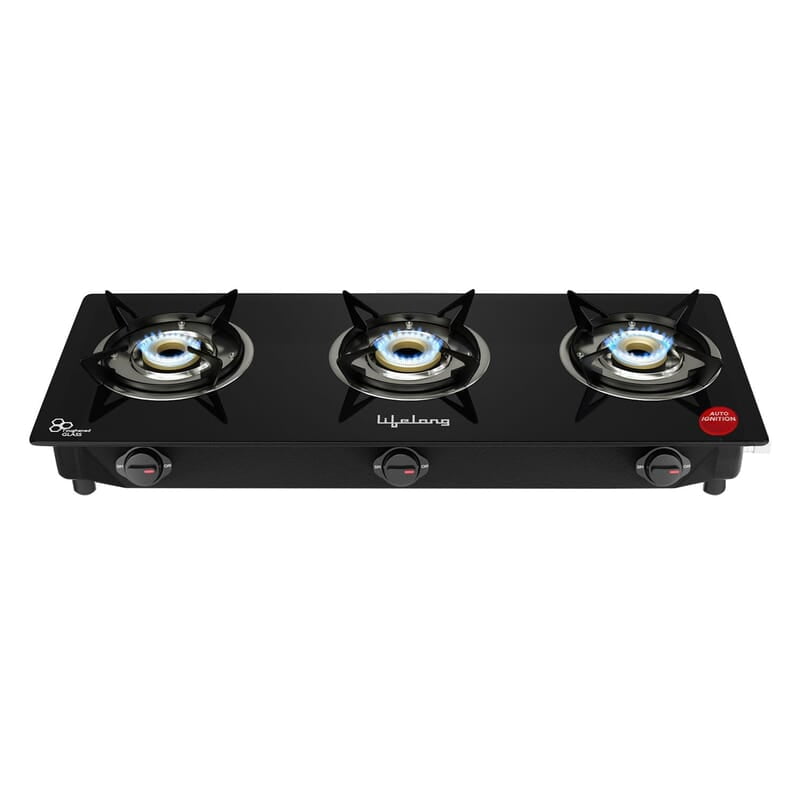 Lifelong 3 Burner Gas Stove Top for Kitchen - Automatic Ignition Cooktop Modern Glass Stove for Modular Kitchen, ISI Certified