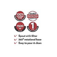 Borosil Rio 1.5 L Electric Kettle, Stainless Steel Inner Body, Boil Water For Tea, Coffee, Soup, Silver