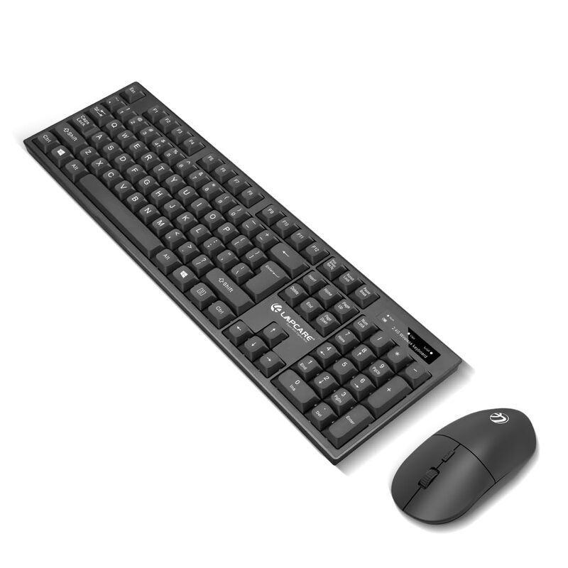 Lapcare WL‑102 combo: 104‑key spill‑resistant wireless keyboard, optical mouse (800–1600 DPI), low‑battery LED alert, USB nano‑receiver & power‑saving mode.